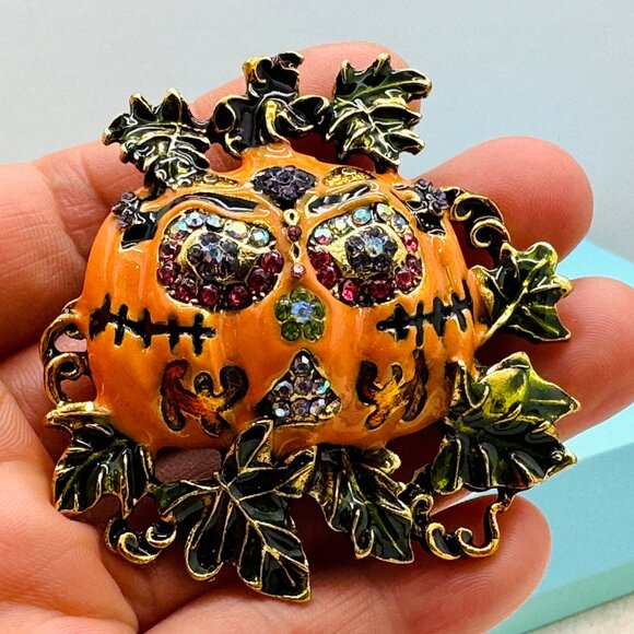 Large Ghost Pumpkin Brooch Ghost Pumpkin Rhinestone Pin Halloween Brooch - Picture 3 of 3